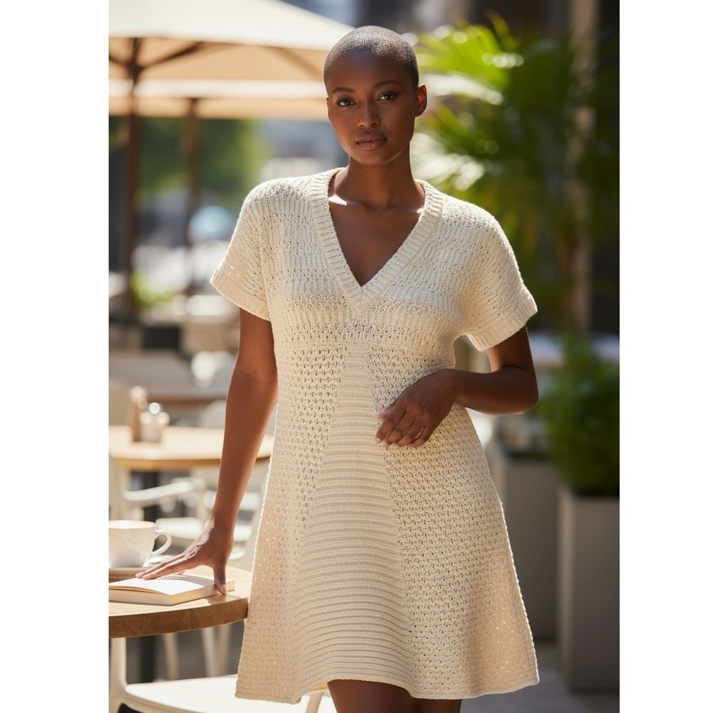Calvin Klein Jeans Women Cream Knit V-Neck Tunic Top Short Sleeve Crochet Medium
